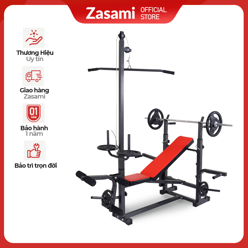 Giàn tạ đa năng 8210 Zasami kèm 50kg tạ gang , đòn tạ 1m5, 1 găng tay tập tạ ( Màu ngẫu nhiên )