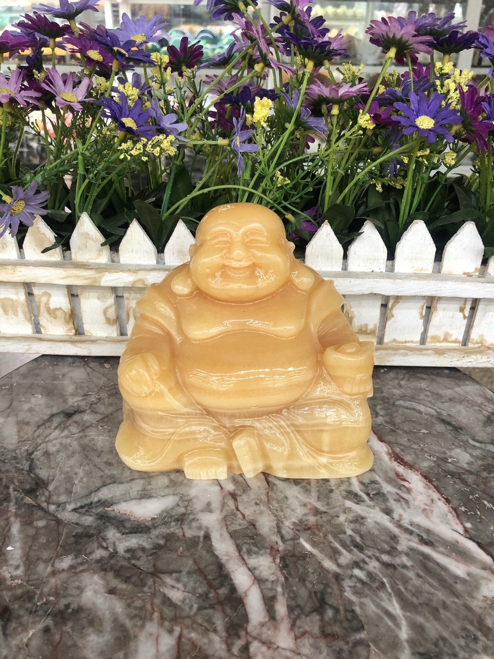 Tượng Phật Di Lặc ngồi cầm thỏi vàng cầu tài lộc đá ngọc hoàng long - Dài 13cm
