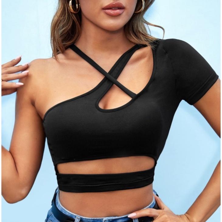 Áo lệch vai khoét eo dây chéo HAGA áo croptop một tay sexy MTDC48