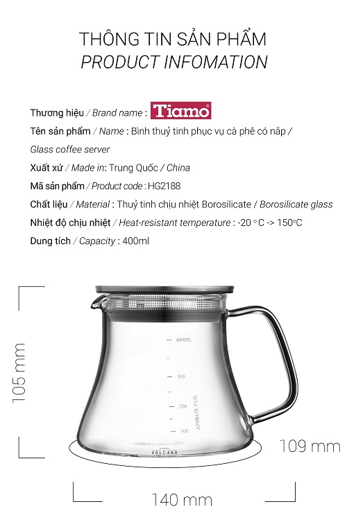 Bình pha cà phê thủy tinh chịu nhiệt Tiamo 400ml nắp inox