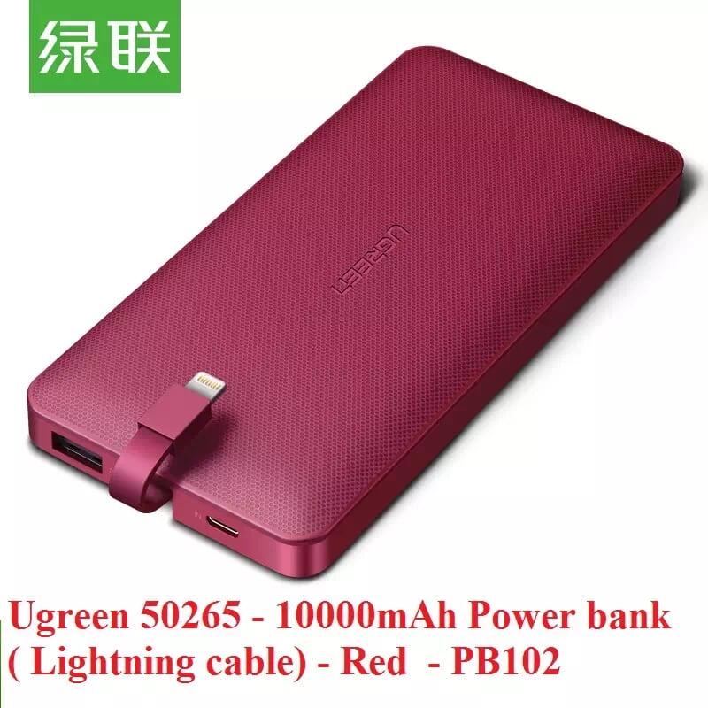 Ugreen UG50265PB102TK 10000mAh màu Đỏ Sạc dự phòng + cáp sạc iPhone tích hợp kèm chip MFI - HÀNG CHÍNH HÃNG