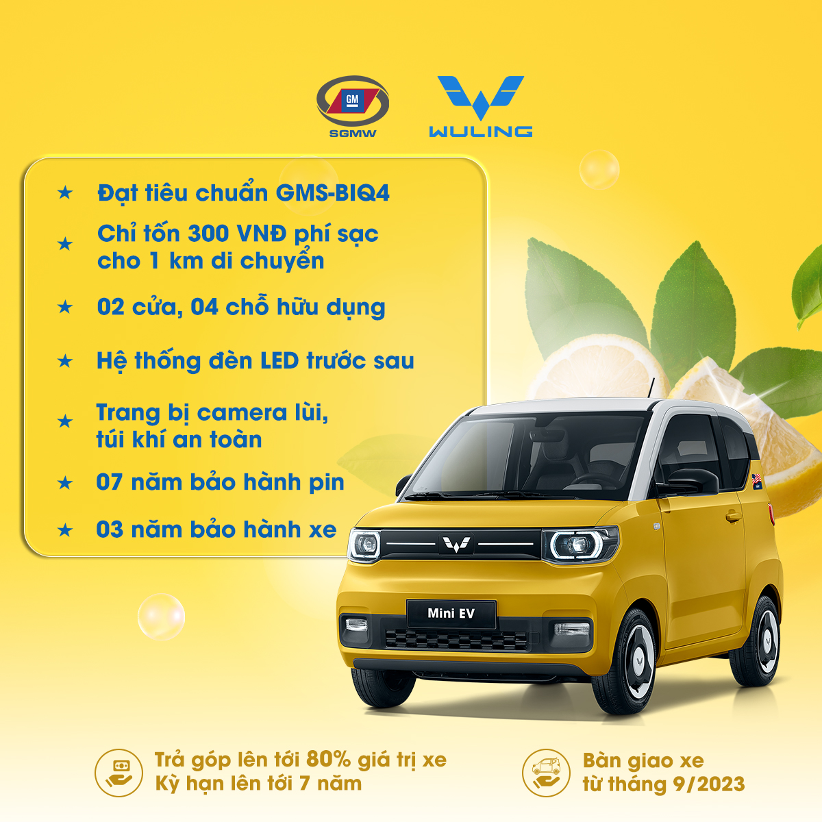 Phiếu đặt cọc LV2-120 KmÔ tô điện Wuling Mini EV - ĐẶT CỌC LINH HOẠT - Vàng chanh nóc trắng