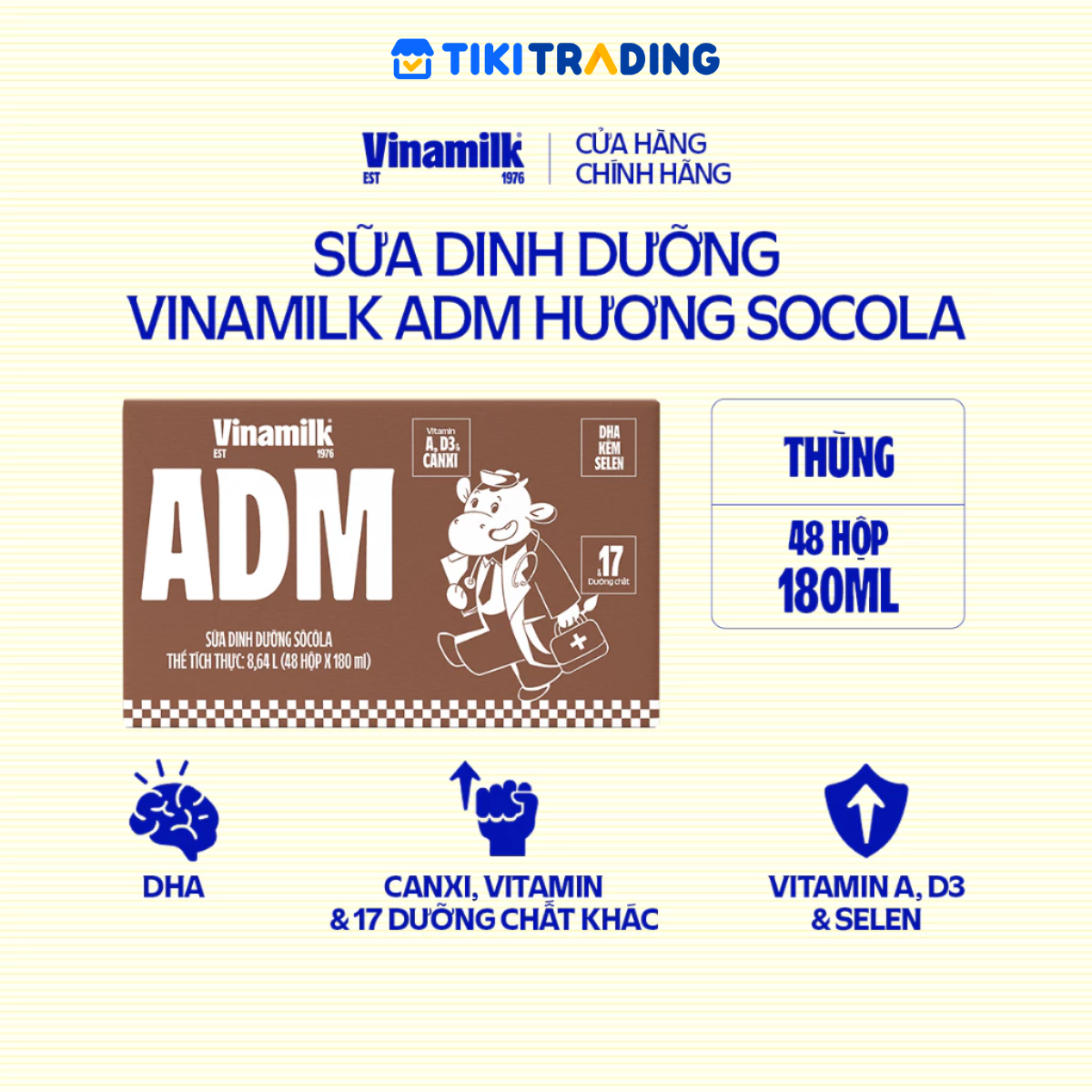 Thùng 48 hộp sữa dinh dưỡng socola Vinamilk ADM 180ml