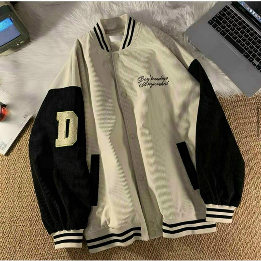 Áo khoác Bomber bóng chày dáng rộng nhung