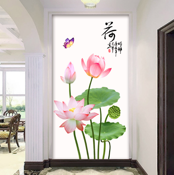 Decal trang trí tường - Hoa Sen cây dài 3D lá lớn tao nhã