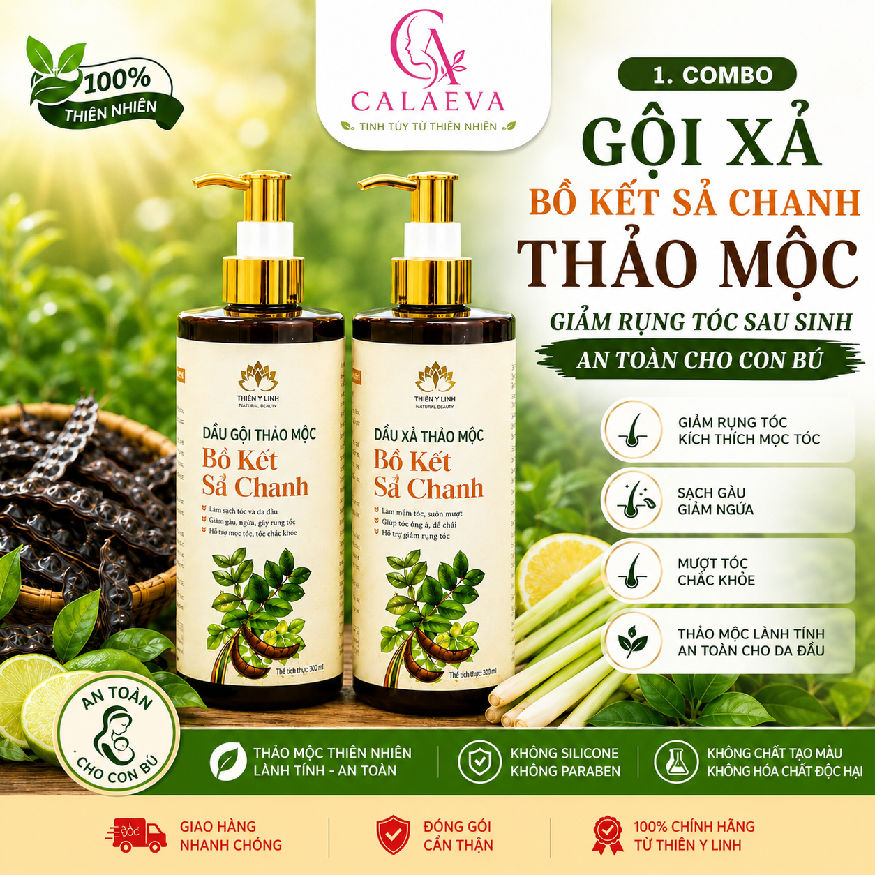 Combo Gội Xả Bồ Kết Sả Chanh thảo mộc giảm gãy rụng tóc sau sinh an toàn cho con bú