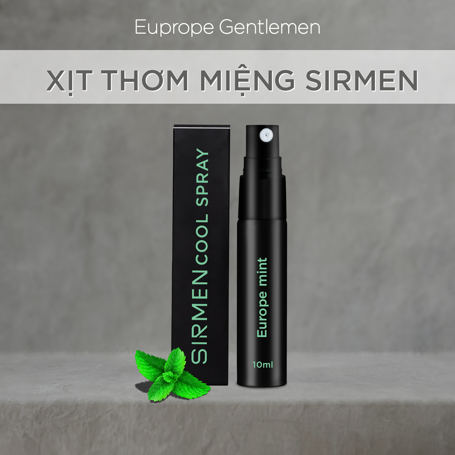 Xịt thơm miệng SIRMEN Europe Mint Cool Spray vị bạc hà thơm mát tự nhiên, khử mùi hôi miệng ngay lập tức, thơm kéo dài 180 phút, công nghệ EU-Nano, đậm đặc gấp 2 lần, chai 10ml