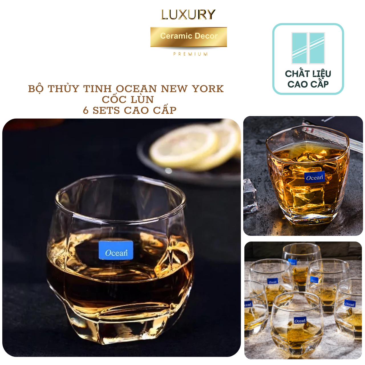 Bộ Ly Thủy Tinh OCEAN Jubilee Rock 6 Sets 340 ML DECOR LUXURY - Hàng Nhập Khẩu