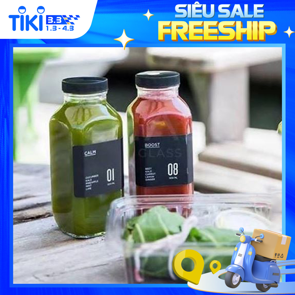 Combo 4 Chai thủy tinh vuông nắp nhựa dáng cao đựng sữa, nước ép, detox, cafe, sinh tố 350ml-500ml