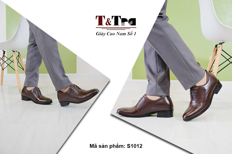 Giày Cao Nam T&TRA Tăng Cao 8Cm- S1012 Nâu Tối - Chất Liệu Da Bò Cao Cấp, Đế Cao Su Ghép- Đế Pháp, Phần Tăng Cao Ẩn Bên Trong
