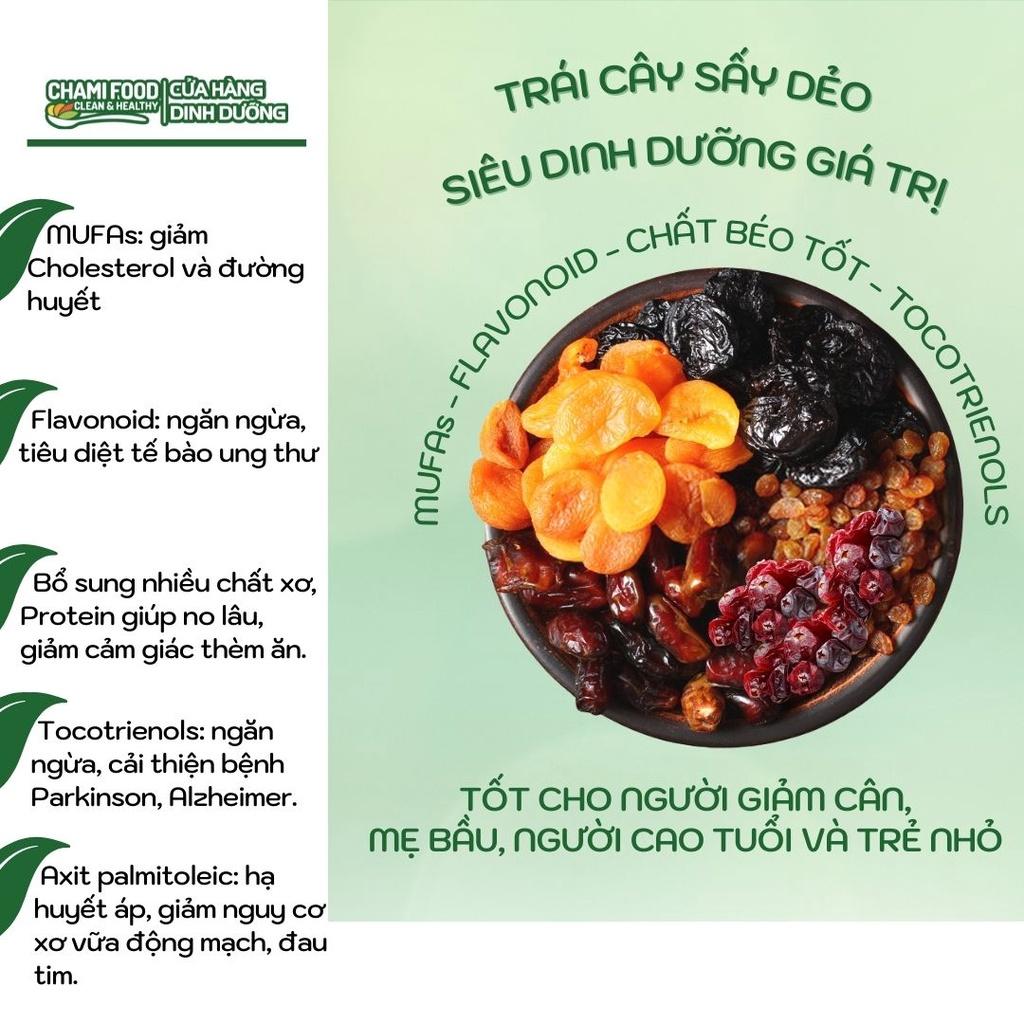 Trái cây sấy dẻo ChamiFood KHÔNG ĐƯỜNG 500G Mix 6 hoa quả Mơ sấy dẻo Chà Là Mận sấy Nho khô Nam việt quất sấy Xoài sấy