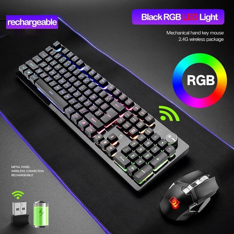 Punk Sạc 2.4G Không Dây Bàn Phím Chơi Game Cơ Cảm Giác Bàn Phím RGB Backlit Không Dây 2400Dpi Máy Tính Game Thủ, Bàn Phím