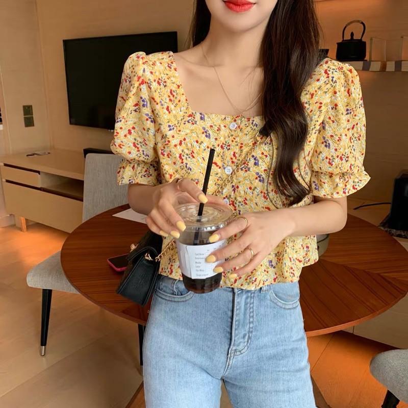 MS123 Áo croptop hoa nhí tay bồng
