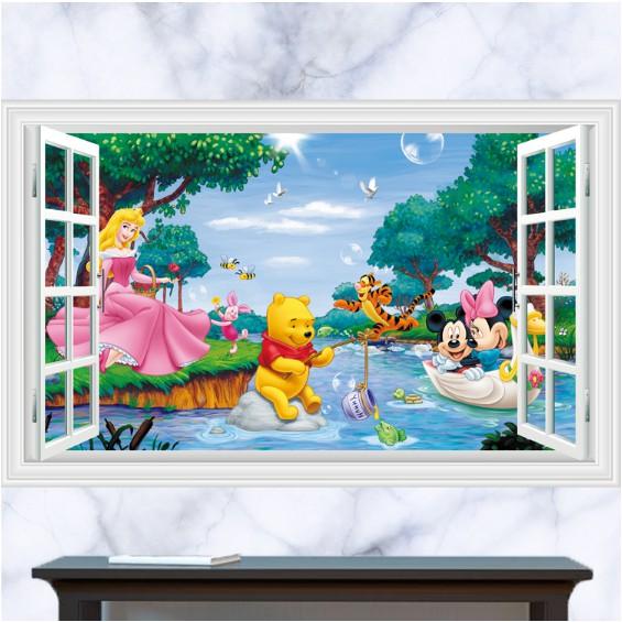 Decal trang trí khung cửa sổ các nhân vật hoạt hình đang vui chơi