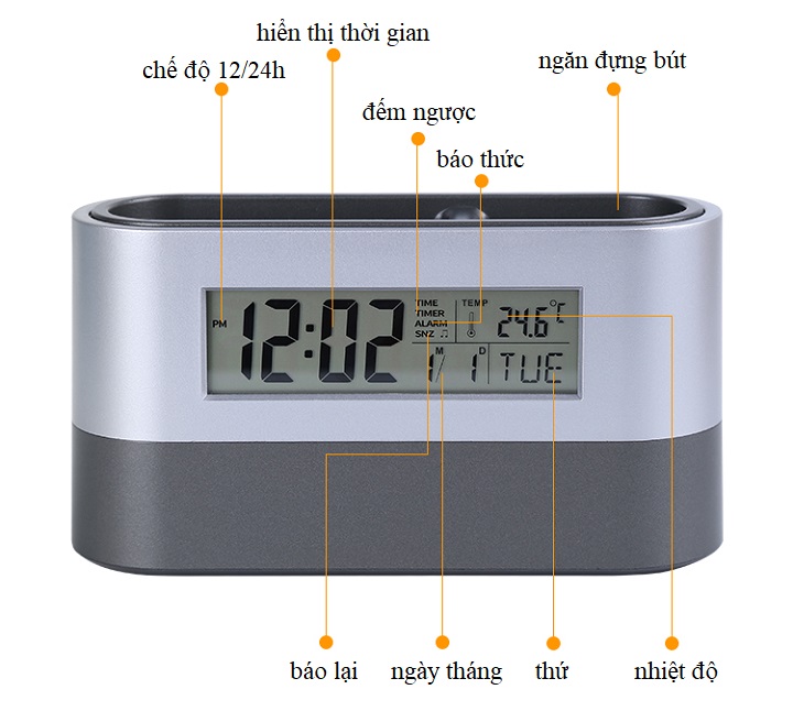 Hộp đựng bút để bàn 2in1 kiêm đồng hồ hiển thị thời gian, nhiệt độ độ ẩm, đếm ngược đa năng M3