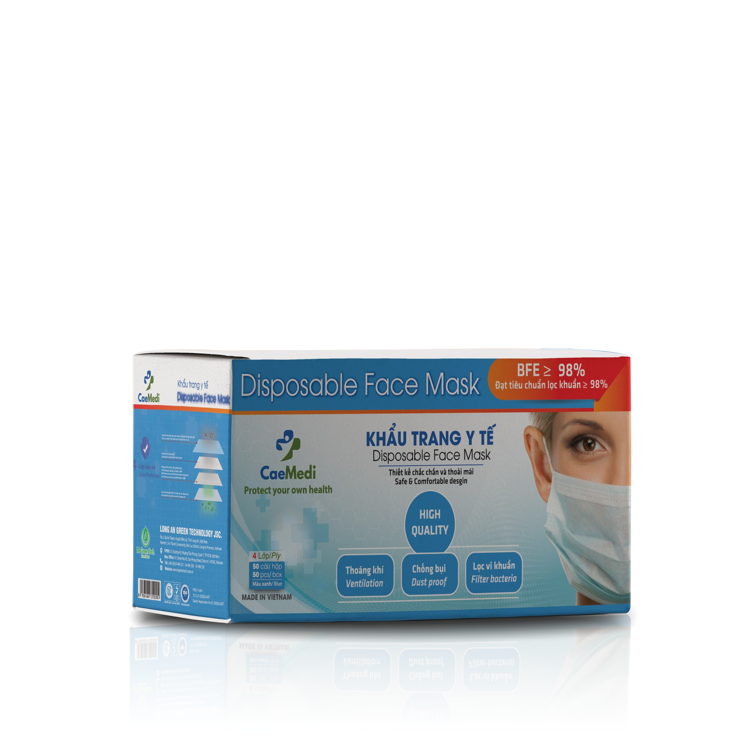 COMBO 5 HỘP Khẩu trang y tế CAEMEDI 4 lớp Xanh cao cấp, kháng khuẩn, lọc bụi bẩn đạt chuẩn BFE, FDA xuất khẩu Châu Âu - Hộp 50 cái