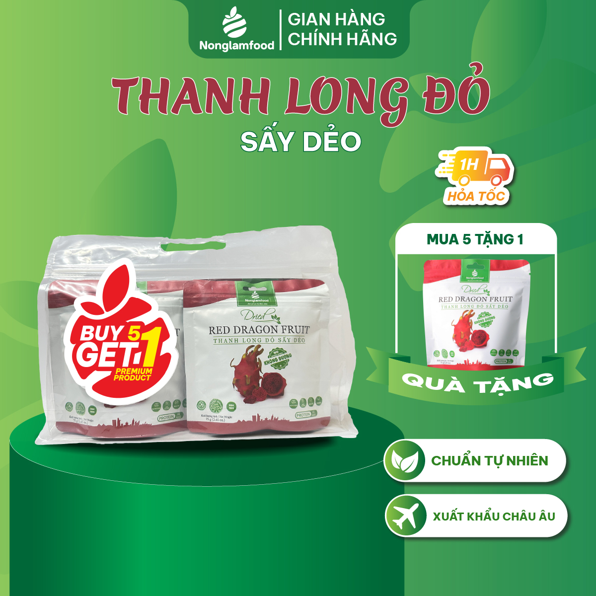 [Mua 5 tặng 1] Combo 5 túi Thanh Long KHÔNG ĐƯỜNG đỏ sấy dẻo Nonglamfood túi 75g