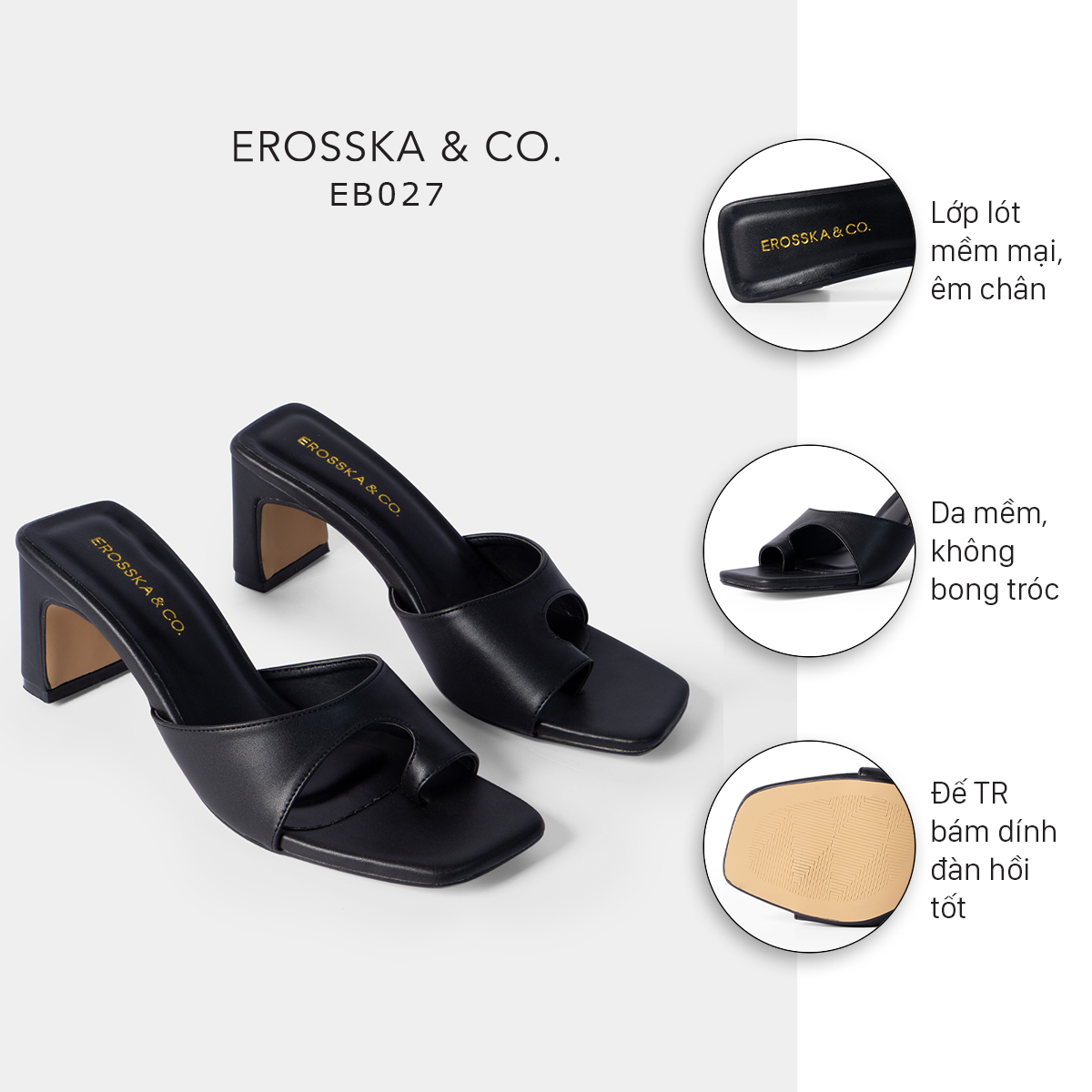 Dép cao gót Erosska thời trang mũi vuông kiểu dáng xỏ ngón đơn giản dễ phối đồ cao 7cm EB027