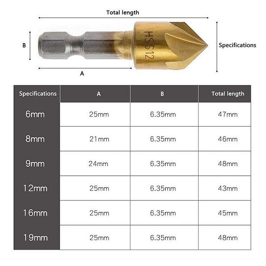 HSS Countersink Drill Bit 90 Degree 5 Flute Chamfer Tool Countersinking Bits Hole Cutter Chamfering Drill Bit 1/4" Hex Shank Wood Drilling Bits