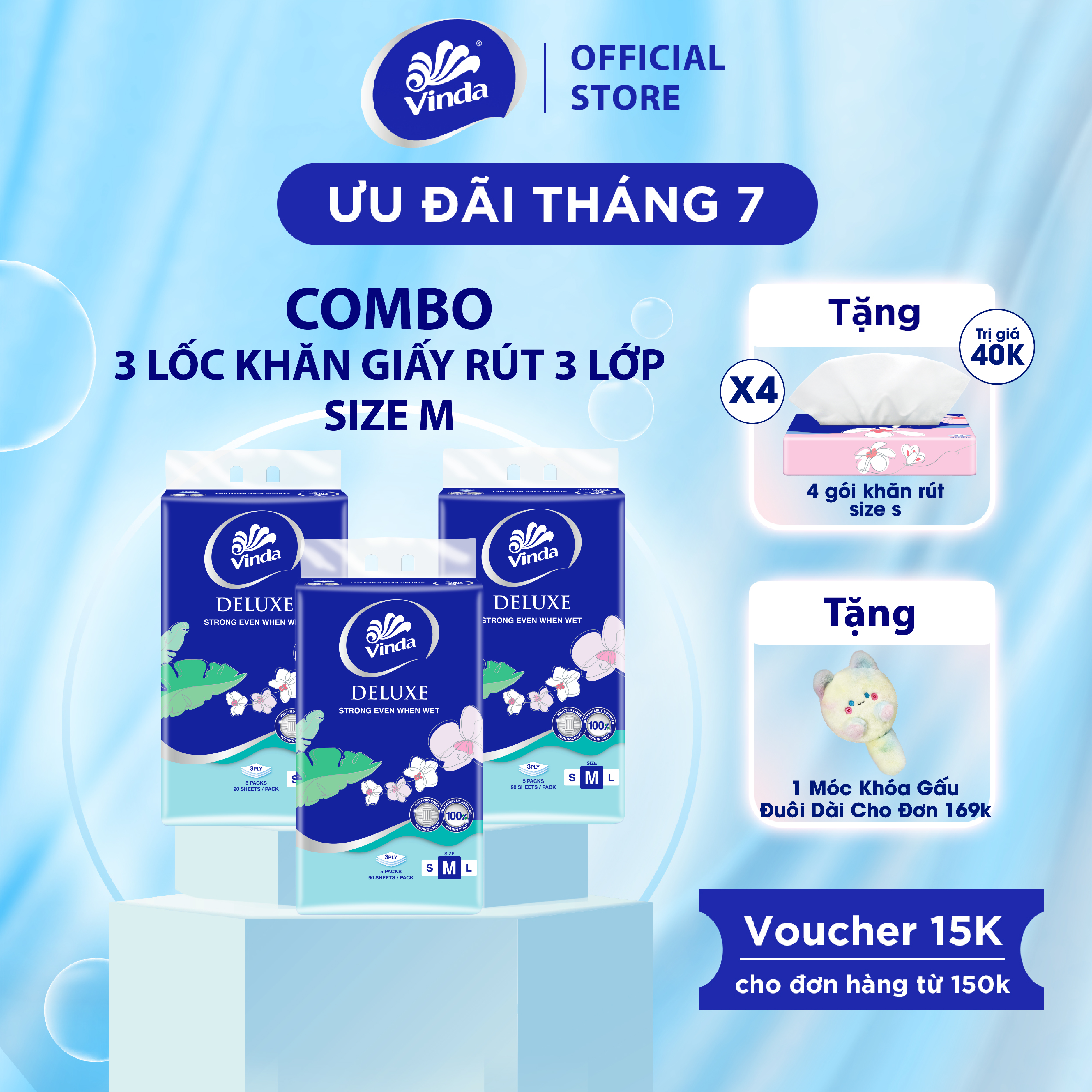 Khăn giấy rút cao cấp Vinda Deluxe 3 lớp 90 tờ size M (5 Gói)