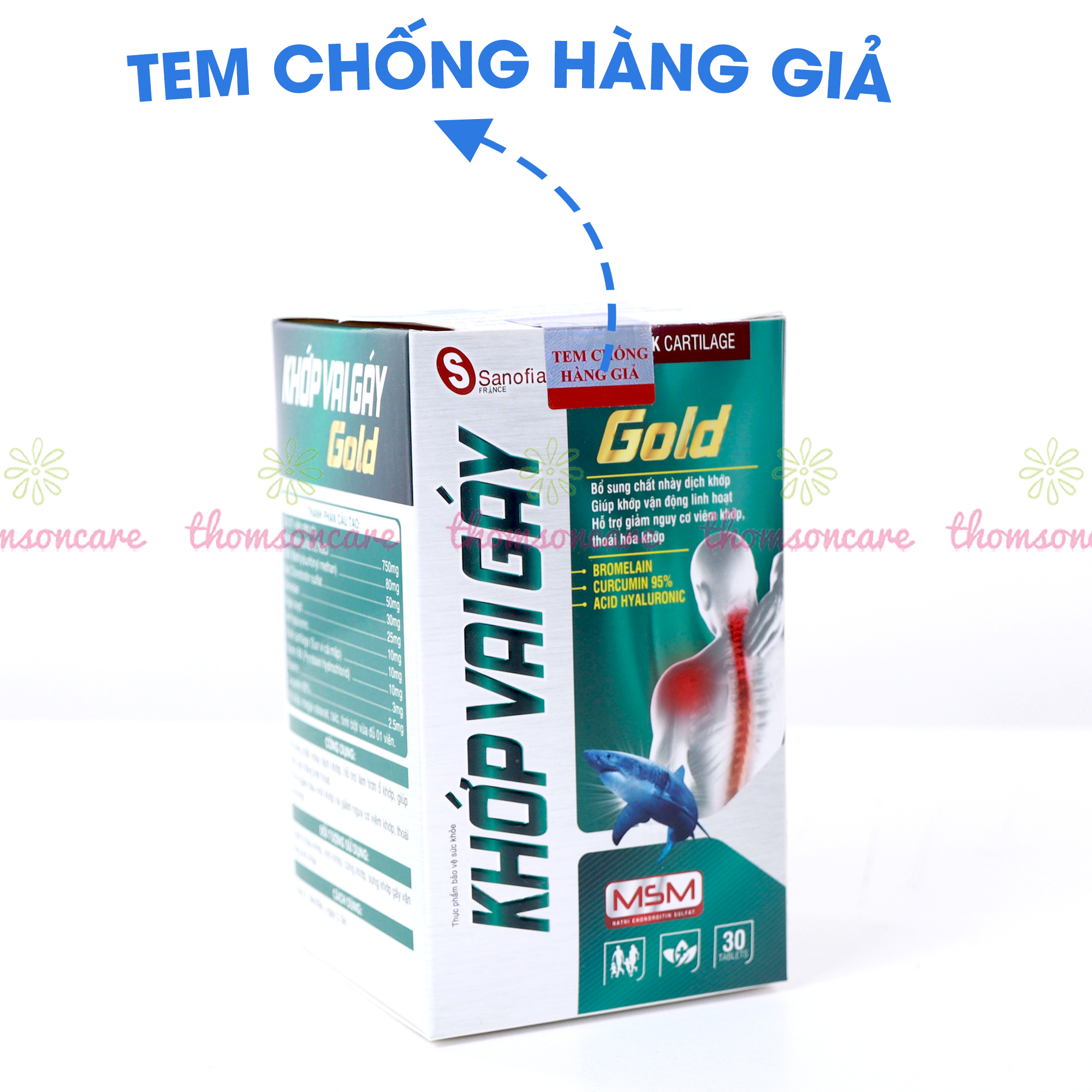 Viên uống bổ xương khớp vai gáy gold, bổ sung chất dịch nhày khớp, giúp khớp linh hoạt từ sụn vi cá mập - Lọ 30 viên Thomsoncare