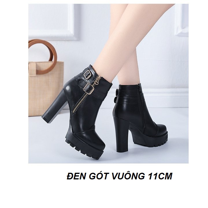 Giày boot gót vuông, bốt nữ cao gót 11 phân vòng dây khóa vàng sang trọng cá tính êm chân S017