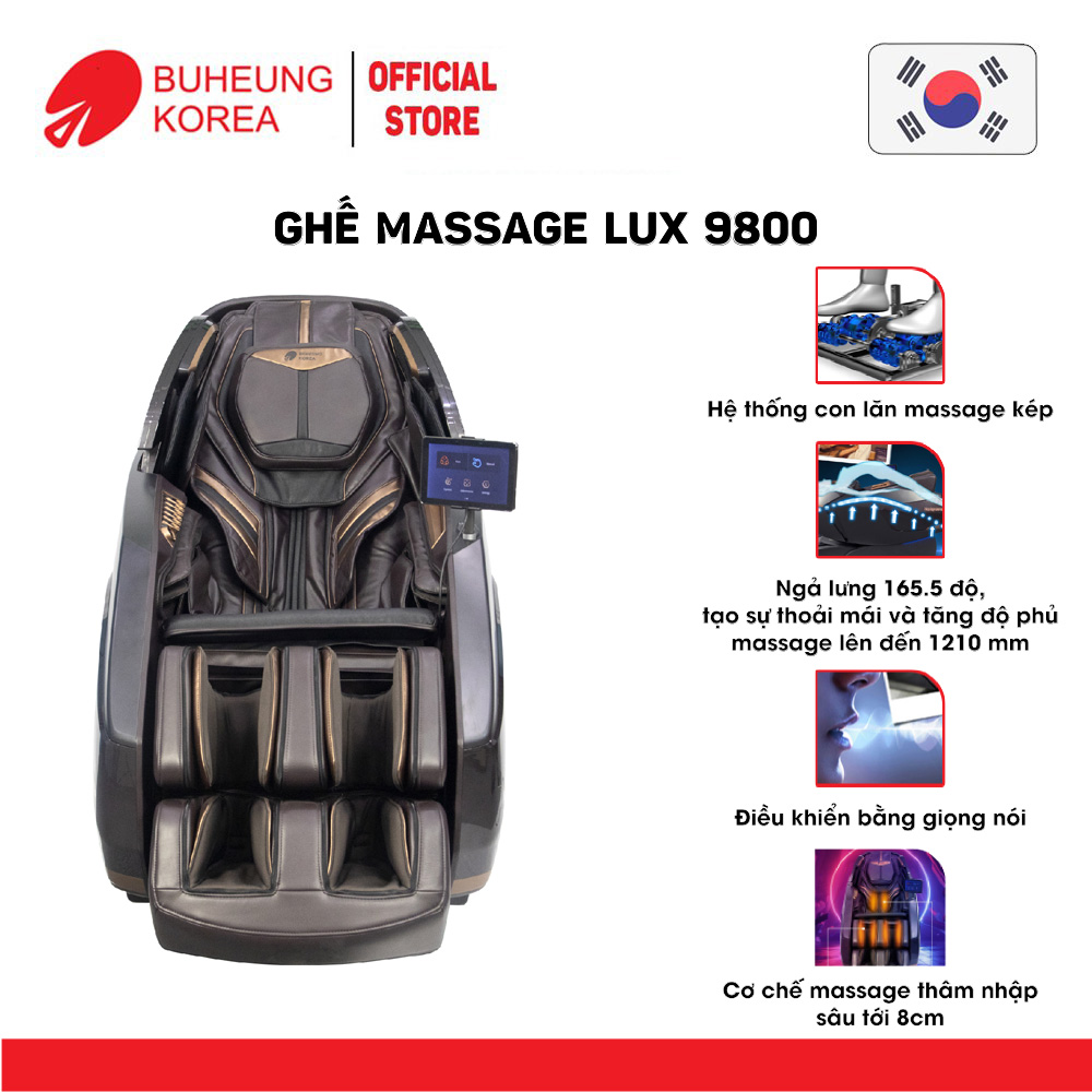 Ghế Massage thương gia cao cấp Buheung LUX-9800, con lăn kép, điều khiển bằng giọng nói, massage chuyên sâu, bảo hành chính hãng