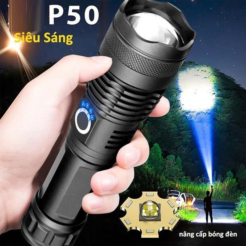 Đèn pin siêu sáng cầm tay P50 - Hàng chính hãng - Đèn pin siêu sáng vỏ hợp kim nhôm siêu bền, chiếu xa 200m, 5 chế độ sáng, công suất 20W, dùng bền bỉ, chống nước chống bụi, dùng liên tục 4 tiếng, đèn pin siêu sáng pin khủng