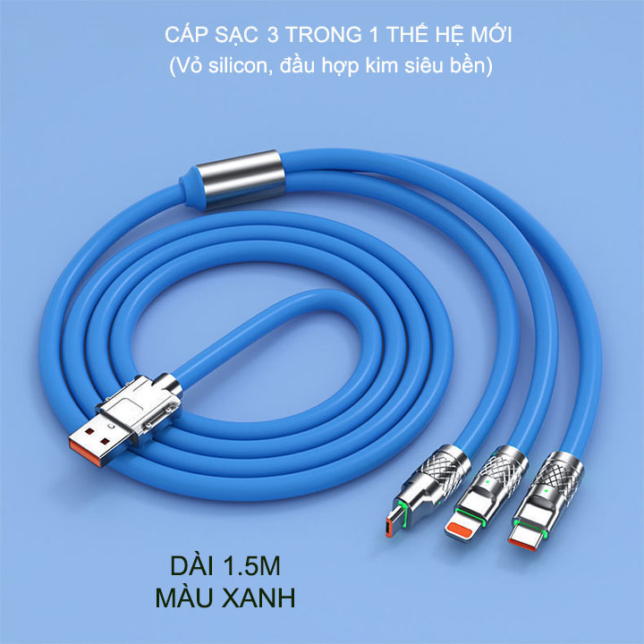 Cáp sạc đa năng thế hệ mới 3 in 1, lõi đồng, vỏ silicon, đầu bằng hợp kim rất bền, dài 1.5m