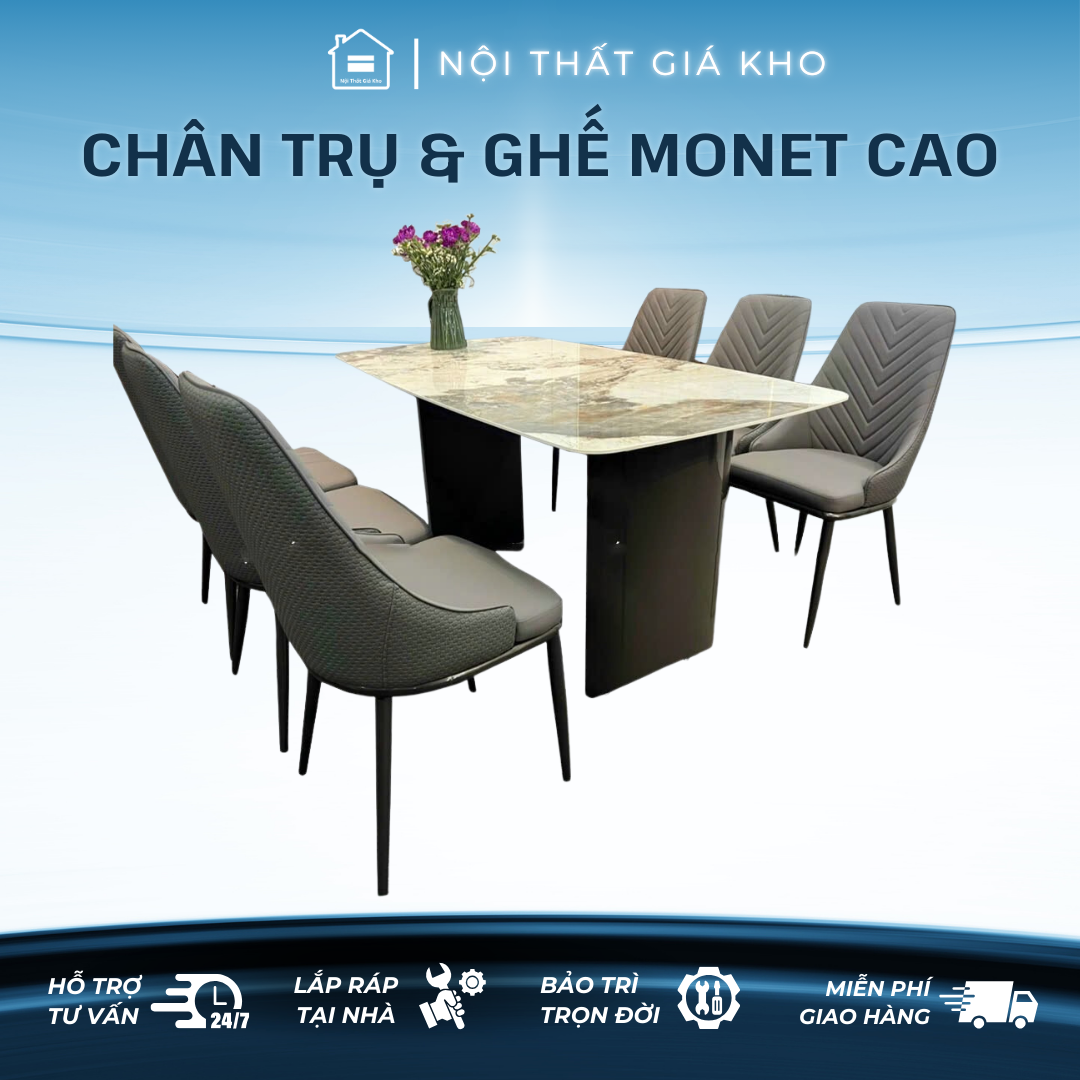 Bàn ăn mặt đá Ceramic bóng Pandora bóng kết hợp ghế monet cao, bàn ăn mặt đá 1m6 6 ghế