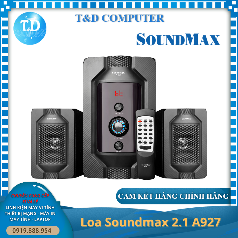 Loa vi tính 2.1 Soundmax A927 Tích hợp USB, Thẻ nhớ, Bluetooth 5.0 - Hàng chính hãng Triệu Gia phân phối