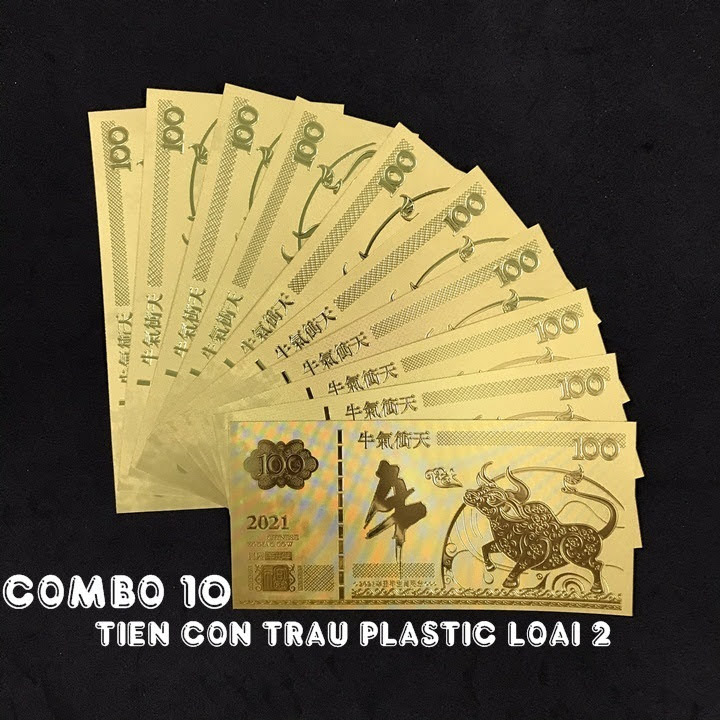 Combo 10 tờ lưu niệm 100 hình con Trâu màu vàng, chất liệu nhựa plastic (loại 2), dùng để trang trí trong nhà, treo cây hoa mai, làm tiền lì xì, quà mừng dịp Lễ, Tết 2021 - TMT Collection - SP005097