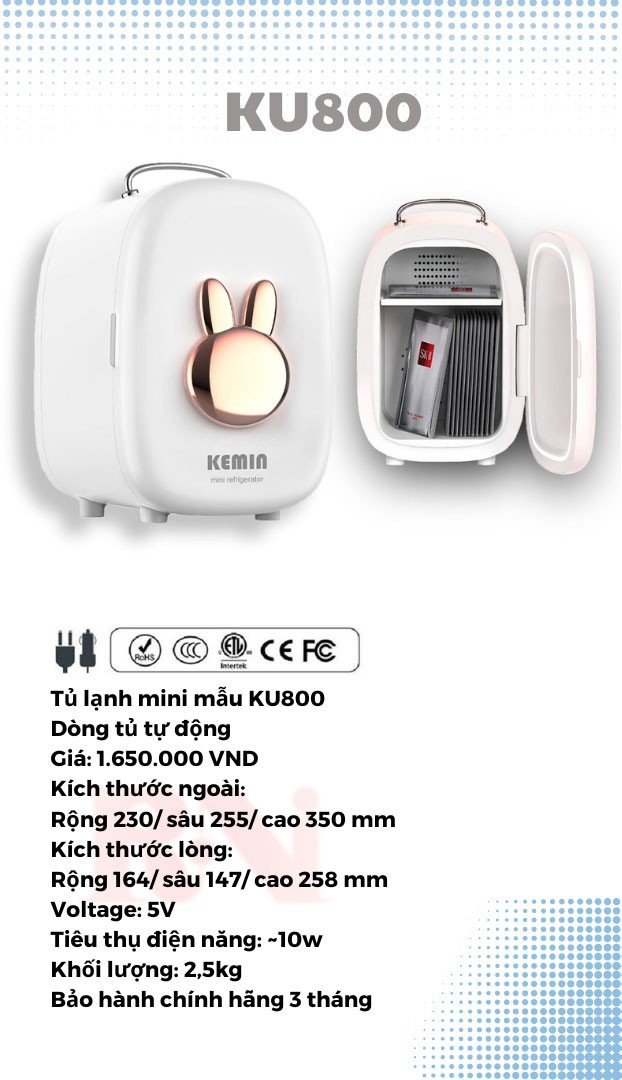 Tủ Lạnh Mini KEMIN KU800 - 8L - Công Nghệ Chống Ngưng Tụ - 2 Chiều Nóng Lạnh Hàng Chính Hãng