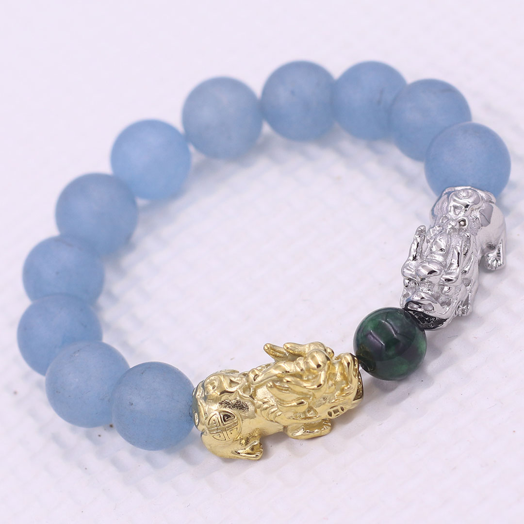 Vòng chuỗi đeo tay đa thạch anh xanh biển mờ 12 ly charm tỳ hưu đôi inox trắng và vàng, vòng chuỗi phong thủy, charm tỳ hưu, vòng tay hạt chuỗi