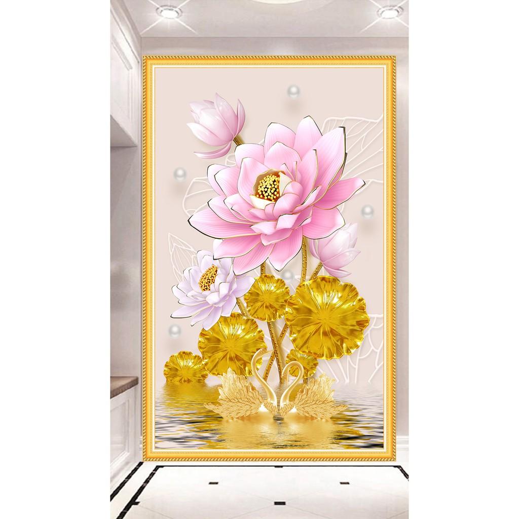 Tranh dán tường HD Hoa sen HDOC230-tc6 kim sa khổ dọc chọn mẫu