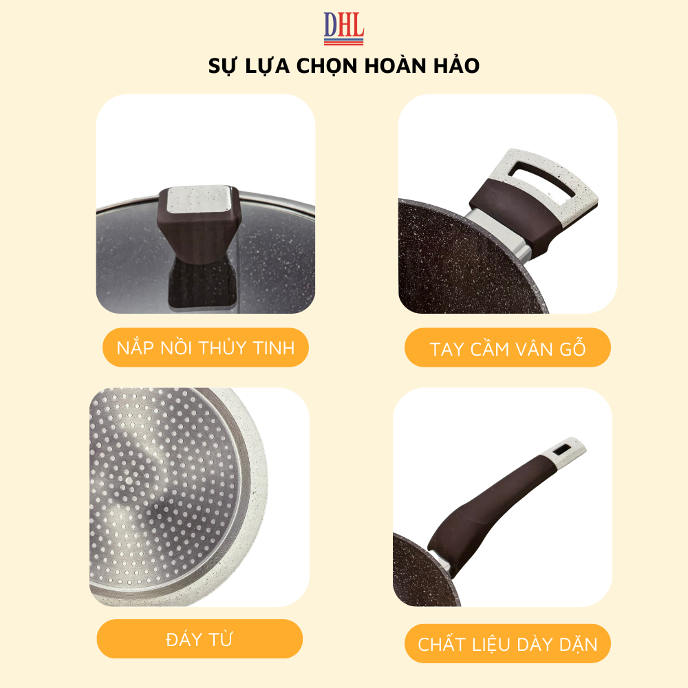 Bộ nồi chảo bếp từ vân đá chống dính cao cấp Mitomo Giyoca 4 món - Hàng chính hãng BH 24 tháng