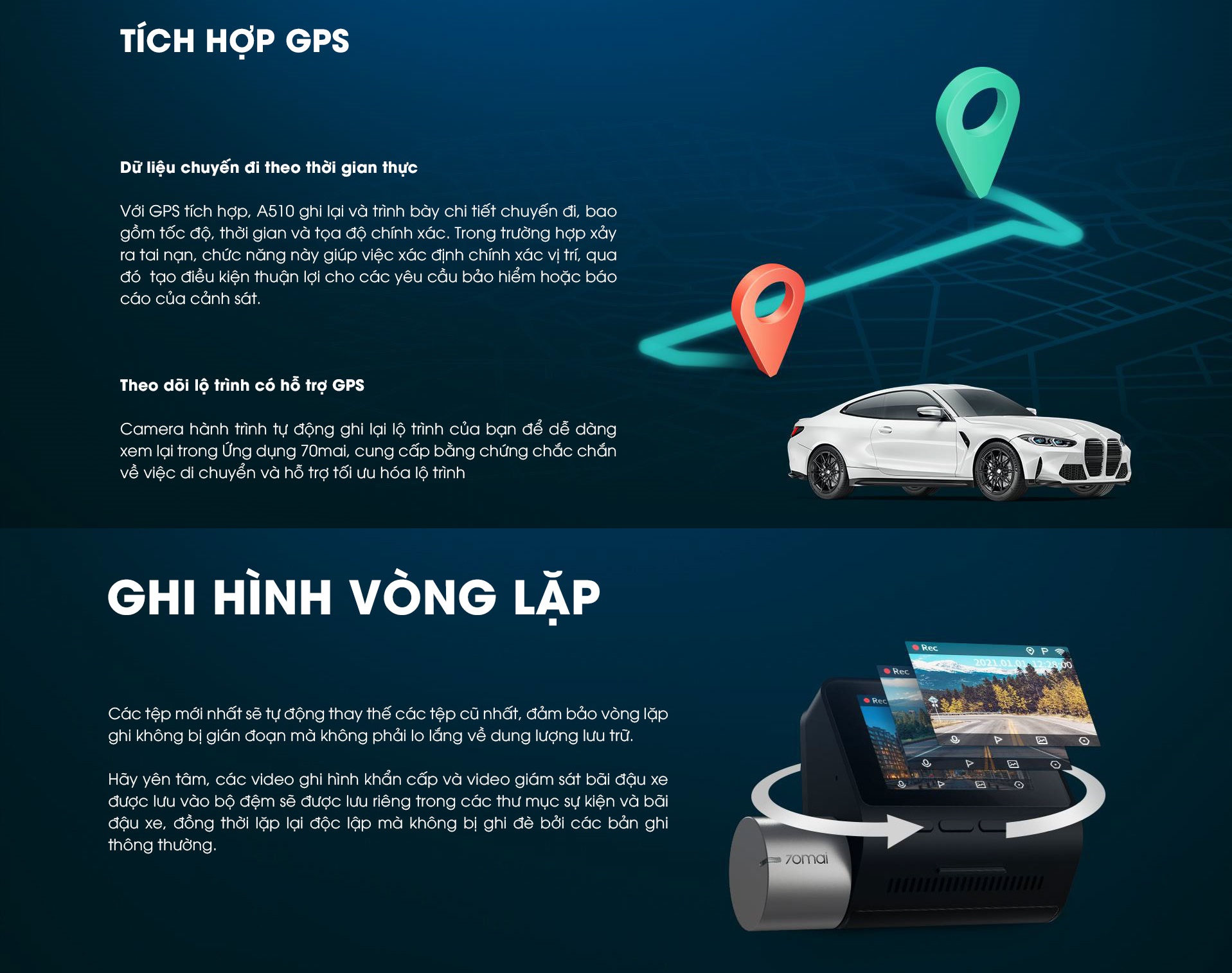 Camera hành trình 70mai A510 cảnh báo an toàn ADAS, 4G, GPS, độ phân giải 3K HDR sắc nét - Hàng chính hãng