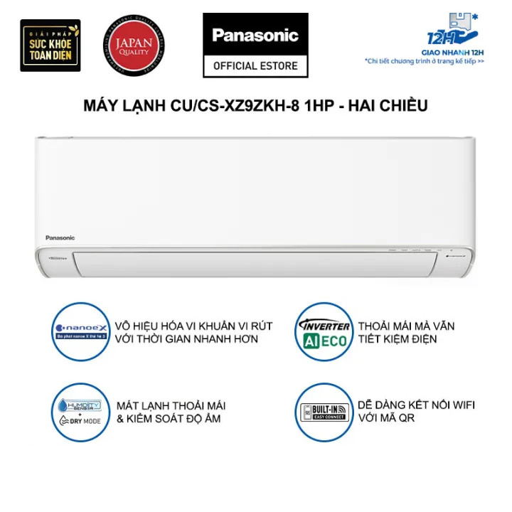 Máy lạnh/Điều hòa Panasonic CU/CS-XZ9ZKH-8 - Công suất 1HP - Hai chiều - Lọc sạch không khí nanoeX - Kết nối wifi - Hàng chính hãng