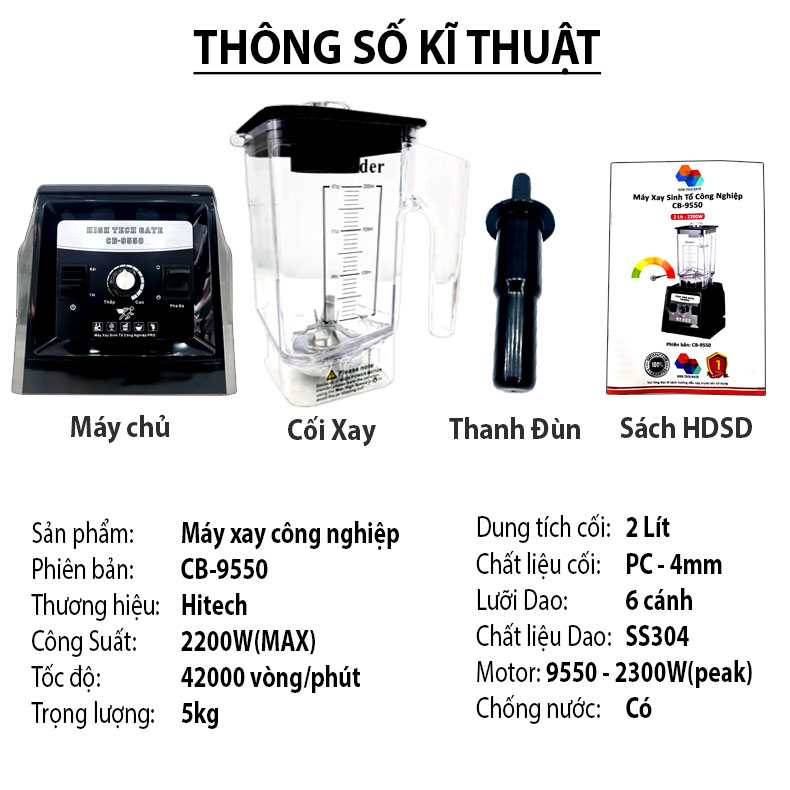 Máy xay sinh tố công nghiệp CB9550 đa năng mạnh mẽ, pha chế đồ đá xay công suất lớn 2200W cho quán đồ uống, bar, take away, nhà hàng khách sạn, kèm quà tặng