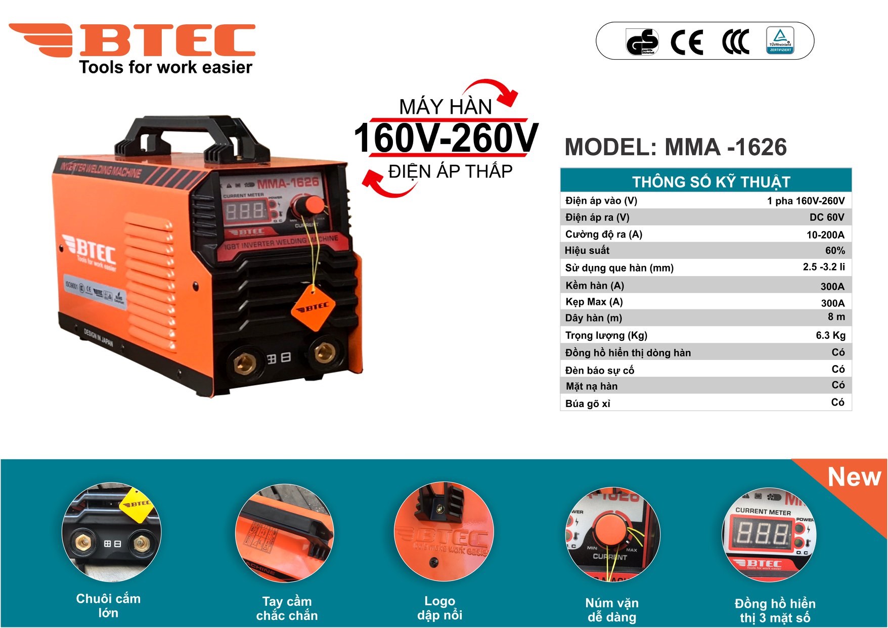 MÁY HÀN QUE ĐIỆN THẾ KHÔNG ỔN ĐỊNH BTEC MMA-1626 - HÀNG CHÍNH HÃNG