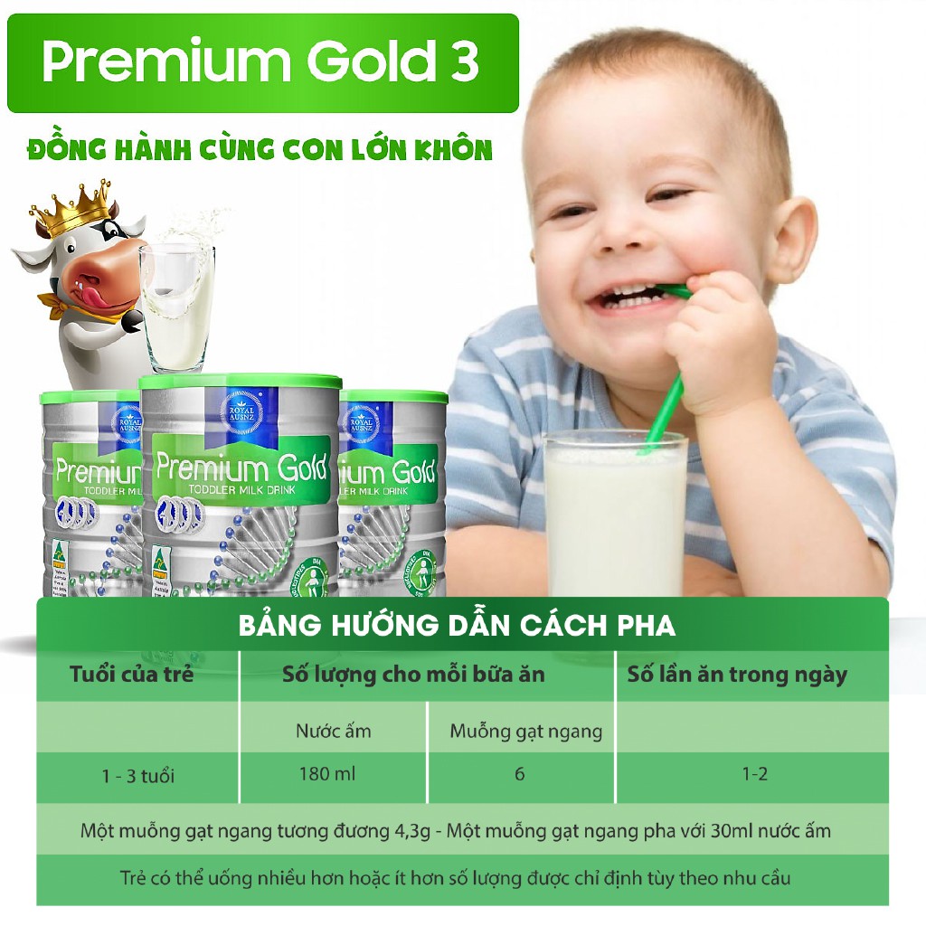 Combo 3 Hộp Sữa Bột Premium Gold Số 3 ROYAL AUSNZ Tăng Sức Đề Kháng, Phát Triển Chiều Cao Cho Bé 900g/hộp