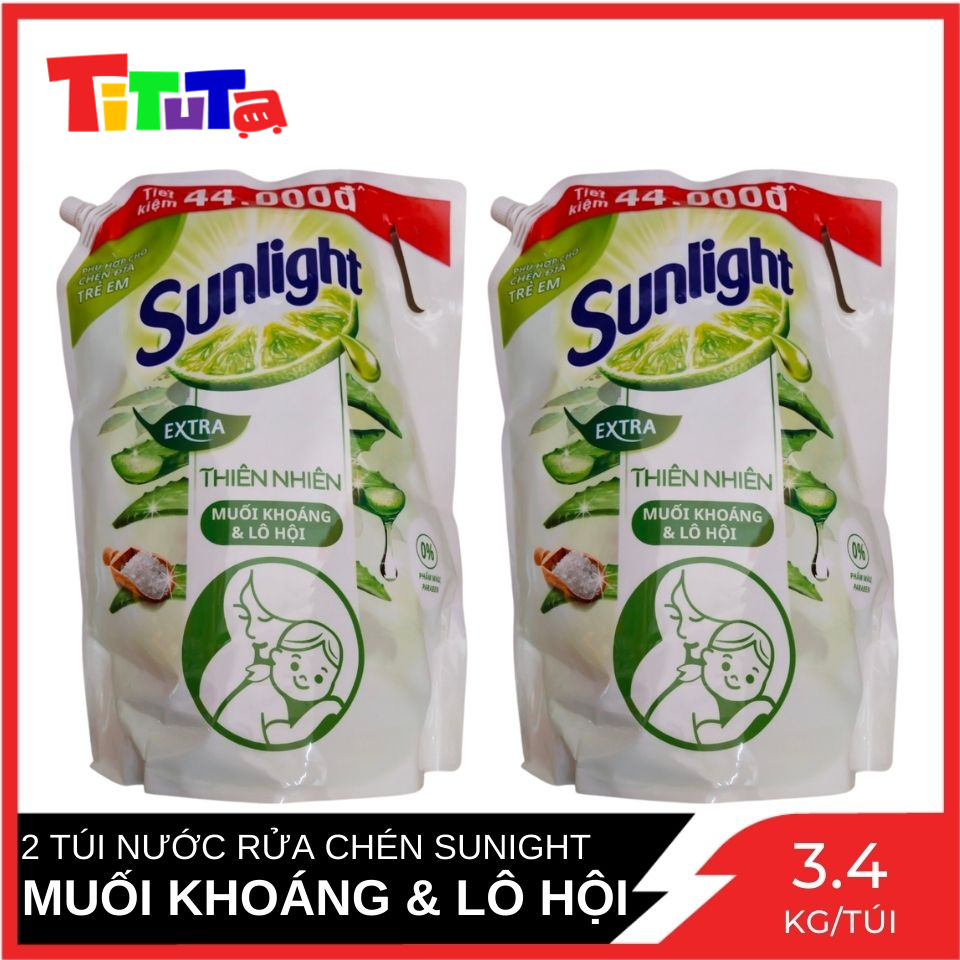 Combo 2 Túi Khổng Lồ Nước rửa chén Sunlight Thiên Nhiên Muối Khoáng và Lô Hội Túi 3.4 Kg x2