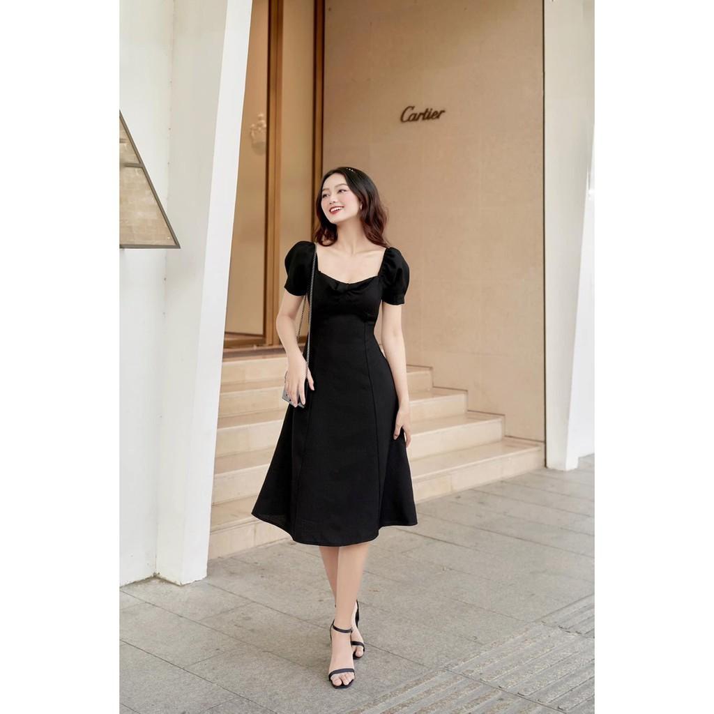 ĐẦM DỰ TIỆC TRẮNG ĐEN CÚP NGỰC TAY NGẮN DÁNG MAXI DÀI CỔ VUÔNG-hình thật shop chụp