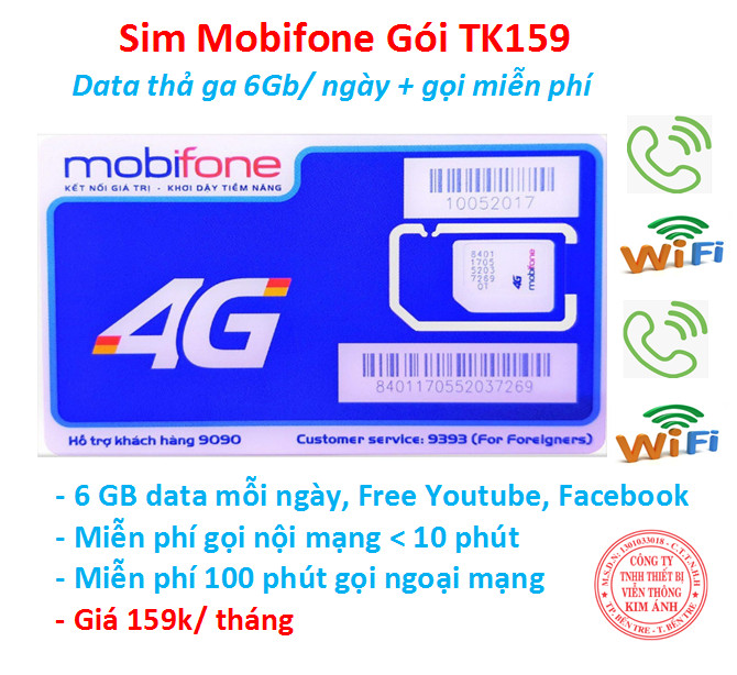 Sim 4G Mobifone dùng mãi gói TK159 ưu đãi 6Gb data mỗi ngày và miễn phí phút gọi chỉ 159k, Hàng chính hãng