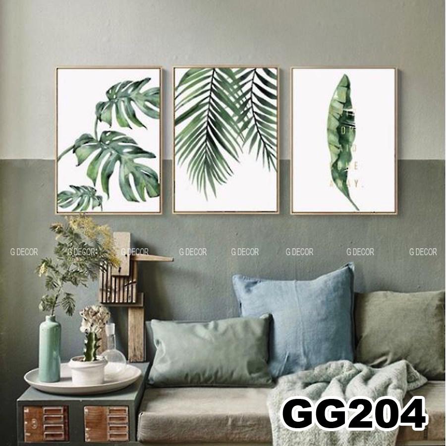 Tranh treo tường canvas 3 bức phong cách hiện đại Bắc Âu 203, tranh hoa lá trang trí phòng khách, phòng ngủ, spa, decor