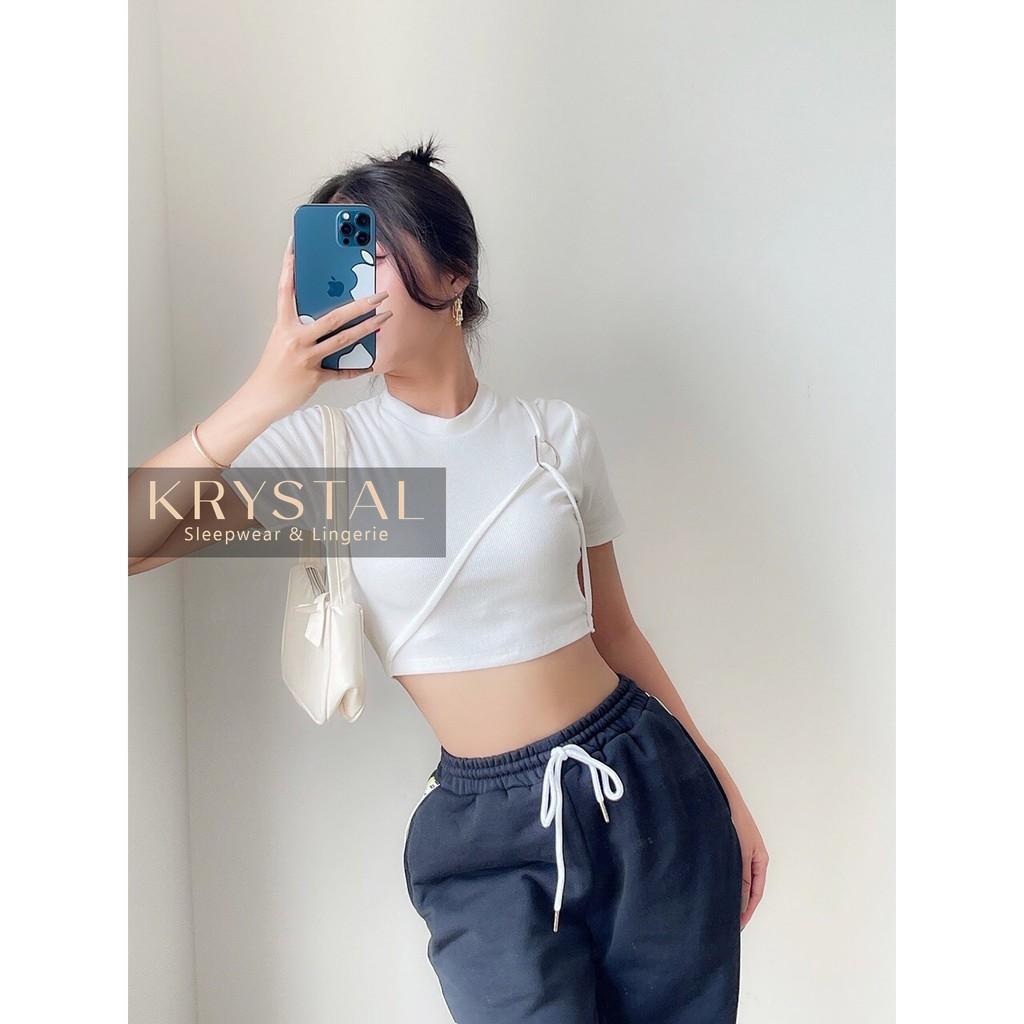 Áo croptop nữ thun tay ngắn có dây chéo ngực ôm body KRYSTAL NK55