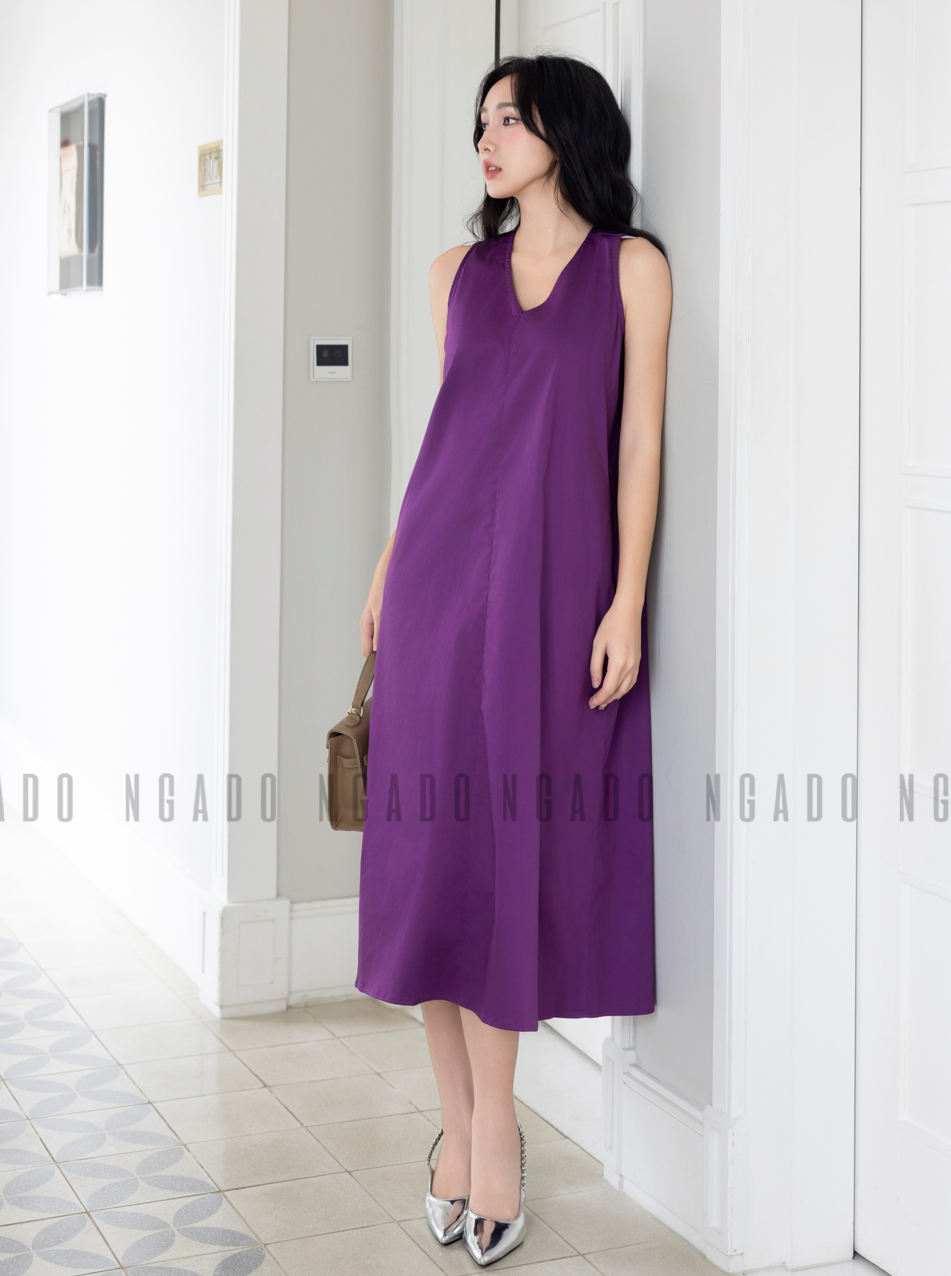 Đầm tím cổ tim NGADO , đầm nữ , Đầm suông , Đầm thiết kế