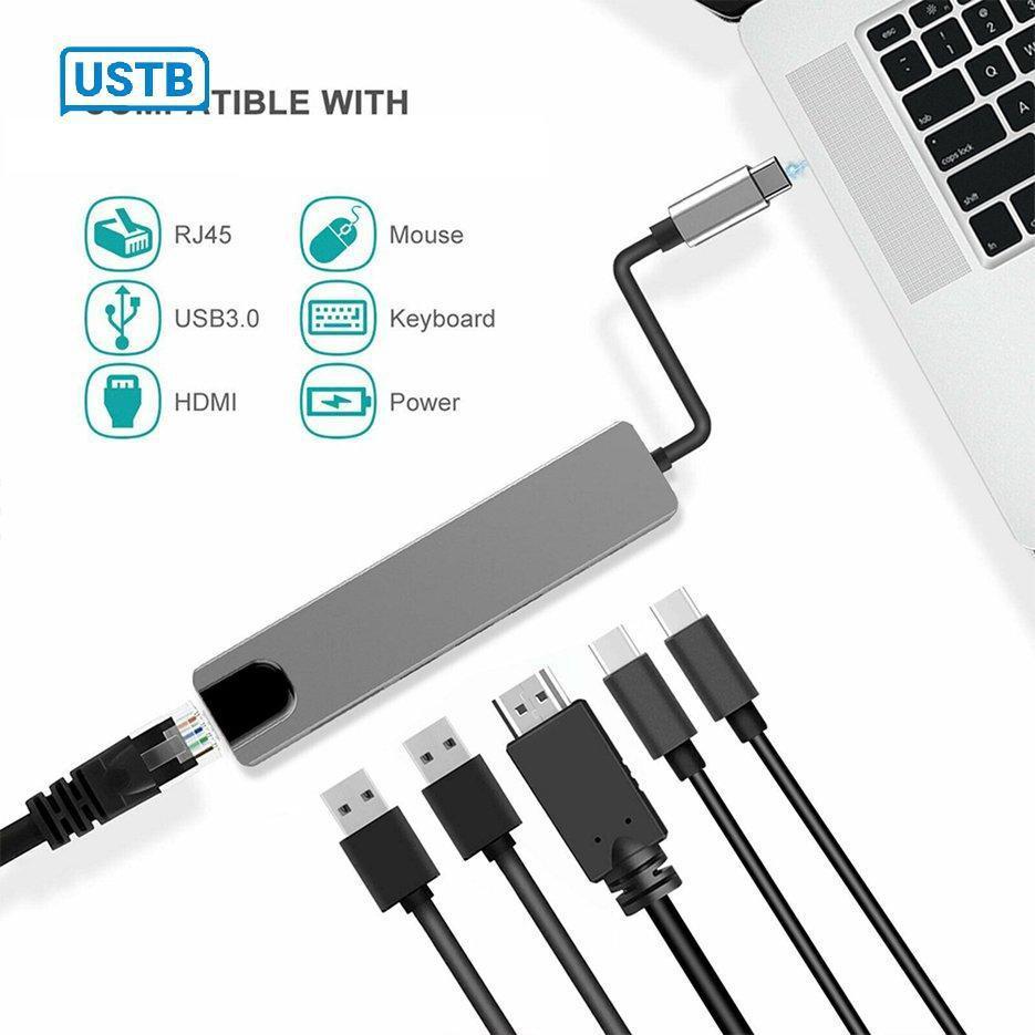 Bộ chuyển đổi nguồn 5/6 trong 1 USB type C Hdmi 4K USB 3.0 PD sang Ethernet Rj45 Lan