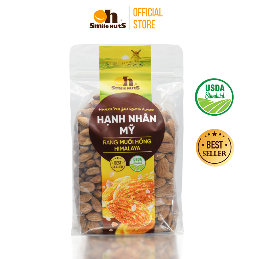 Hạt Hạnh Nhân Tách Vỏ Mỹ Rang Muối Hồng Himalaya Smilenuts _ Trọng lượng 265g/350g/500g - Hạt Hạnh Nhân Smilenuts size 23/25 chuẩn Mỹ, giúp điều hòa cholestero, giòn béo thơm ngon