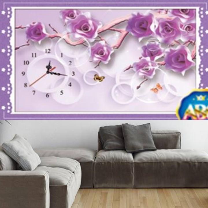 Tranh đá đồng hồ hoa hồng tím DF2706 - kích thước: 75 * 50cm.